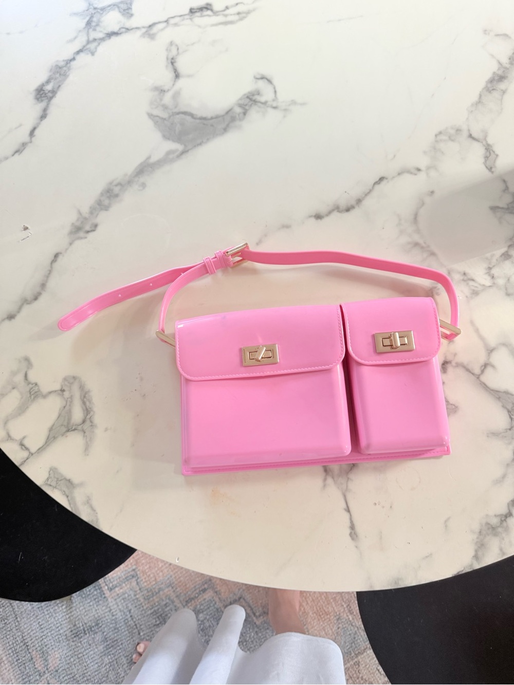 Glossy Pink Double-Pocket Mini Crossbody Bag